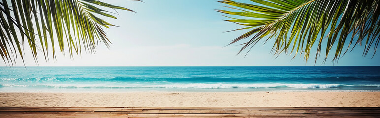 Fototapeta premium generative AI tools wood table over blue sea, beach and palm leaves background in summer day. Background with copy space 