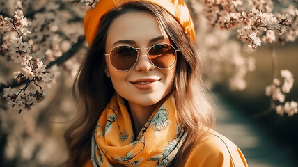 happy smiling woman wearing stylish yellow bandana, trendy sunglasses with chain, posing near blooming tree, generative AI tools 
