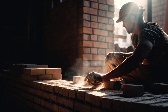 Close up of industrial bricklayer installing bricks on construction site. Generative AI.