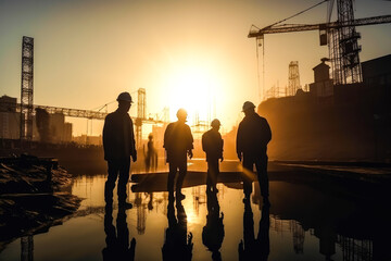 Silhouette of engineers and construction team working at site. Sunset. Generative AI.