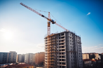 Fototapeta premium Huge crane at construction site of new multi story residential building. Sunny day. Generative AI.