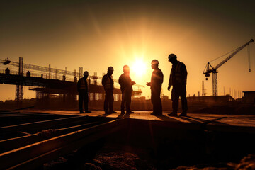 Fototapeta premium Silhouette of engineers and construction team working at site. Sunset. Generative AI.