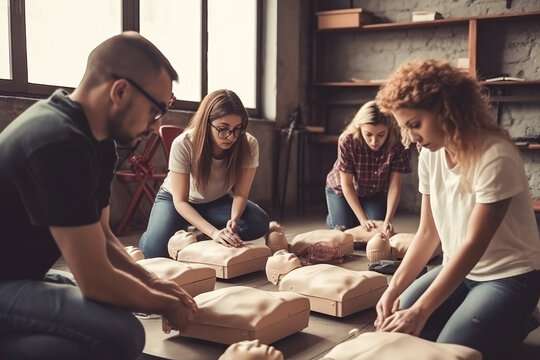 Performing chest compression on dummy during cpr training class. Instructors demonstrating CPR on mannequin at first aid training course. Generative AI.