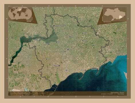 Zaporizhzhya, Ukraine. Low-res satellite. Labelled points of cities