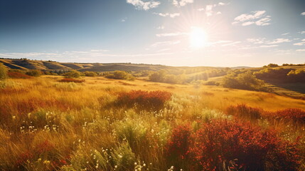 Afternoon in Green Field with Animals, Tranquil Landscape, Dry and Green Grass. Generative AI
