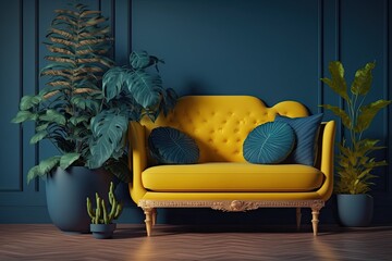 cozy living room with a yellow couch and plants. Generative AI