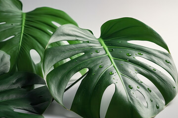 Naklejka na ściany i meble green leaf with water drop, Monstera deliciosa plant