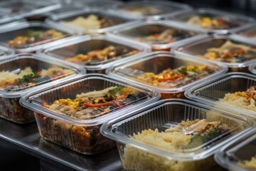 Modern Thai food lunch boxes in plastic packages. AI generated