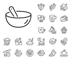 Bowl with spoon sign. Crepe, sweet popcorn and salad outline icons. Cooking mix line icon. Food preparation symbol. Cooking mix line sign. Pasta spaghetti, fresh juice icon. Supply chain. Vector