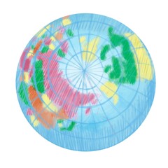 Color illustration of a globe from the JOURNEY OF RACCOONS Collection. For website design, printing on clothes, postcards, posters. Globe view from above.