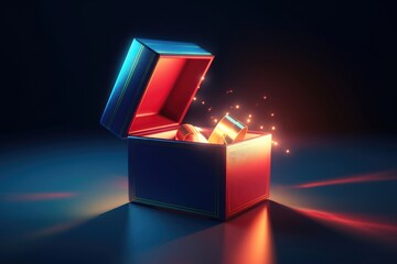 Open gift box with ray of light effect on color background. AI generated