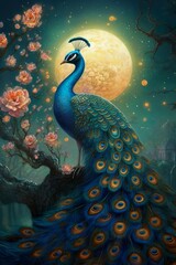 Modern Art Fantasy Peacock. Luxury Digital Art. Generative AI