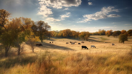 Obraz premium Afternoon in a Colorful Green Field with Animals, Tranquil Landscape with Dry and Green Grass. Generative AI