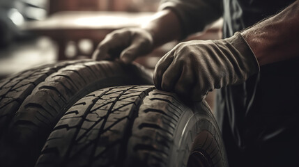 Fototapeta na wymiar Detailed image of mechanics' hands with tools, replacement car tire, with blurred garage background