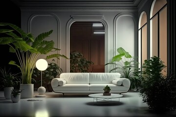 cozy living room with a white sofa and green potted plants. Generative AI