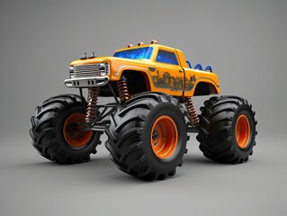 Modern and cool monster truck with graffiti on a gray background with shadow 3d render on gray