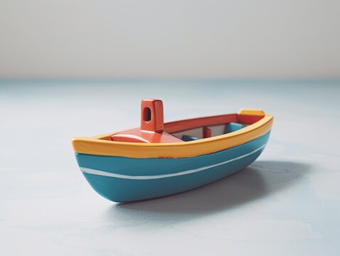 Colorful wooden boat toy on white background. Close up generative ai toy boat with vintage feeling