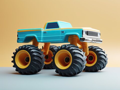 3d rendering of a blue retro toy monster truck on a neutral background. Generative ai toy car product shot