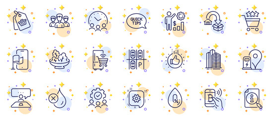 Outline set of Interview job, Bitcoin pay and Meeting time line icons for web app. Include Like hand, Location app, Employees wealth pictogram icons. Group, Charging station. Vector