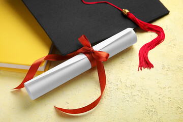 Diploma with red ribbon, graduation hat and book on yellow table