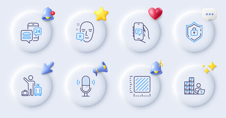 Food app, Inventory and Face declined line icons. Buttons with 3d bell, chat speech, cursor. Pack of Microphone, Airport transfer, Square meter icon. Shield, Chat app pictogram. Vector