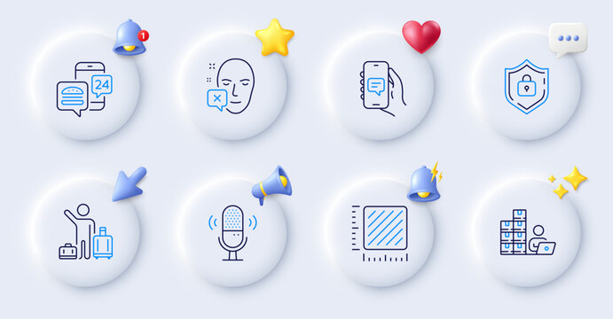 Food app, Inventory and Face declined line icons. Buttons with 3d bell, chat speech, cursor. Pack of Microphone, Airport transfer, Square meter icon. Shield, Chat app pictogram. Vector