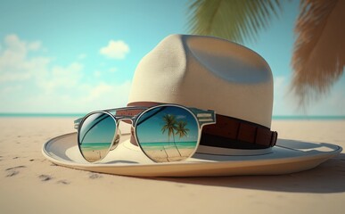 Fototapeta na wymiar Summer vacation background concept , beach accessories hat and sunglasses on sandy tropical beach
