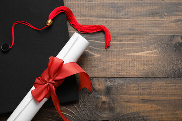 Diploma with red ribbon and graduation hat on wooden table