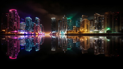 Obraz premium Electric Nights' Vibrant Neon Cityscape, Brimming with Energy and Movement, Captured with Precision and Artistry, to Bring the Thrilling Energy of the City Into Your Home or Workspace. Generative AI