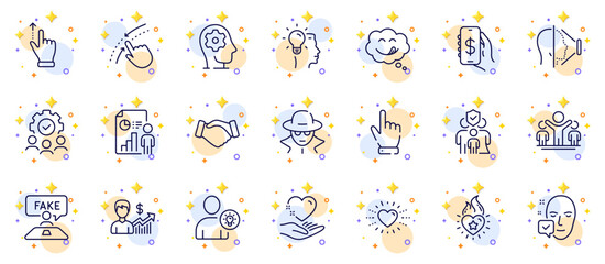 Outline set of Face accepted, Swipe up and User idea line icons for web app. Include Business growth, Business report, Idea pictogram icons. Teamwork, Fraud, Cursor signs. Money app. Vector