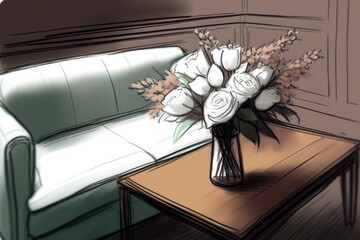 floral centerpiece on a coffee table in a cozy living room. Generative AI