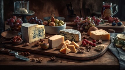 Assorted cheeses in a rustic style, still life of cheese slices. Created with AI.