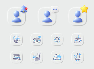 Mute sound, Bumper cars and Parking line icons. Placeholder with 3d star, reminder bell, chat. Pack of Inspect, Food delivery, Seo analytics icon. Face biometrics, Incubator pictogram. Vector