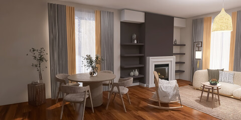 Living room interior with fireplace, 3d render, 3d illustration