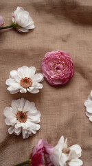 Obraz na płótnie Canvas White and Pink flowers on brown textile fabric. Top view, flat lay. generative ai