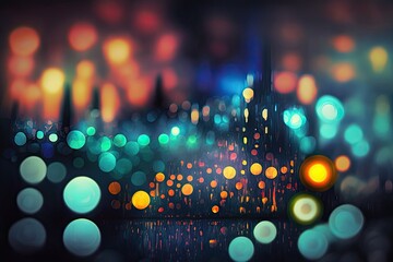 vibrant city skyline at night with colorful lights and reflections. Generative AI