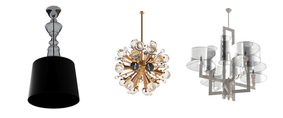 chandelier on the ceiling isolated on transparent background, hanging lamp, pendant light, 3D illustration, cg render