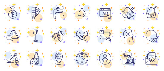 Outline set of 360 degrees, Riboflavin vitamin and Bank document line icons for web app. Include Map, Waterproof, Recruitment pictogram icons. Work home, Floor lamp, Microphone signs. Ad. Vector