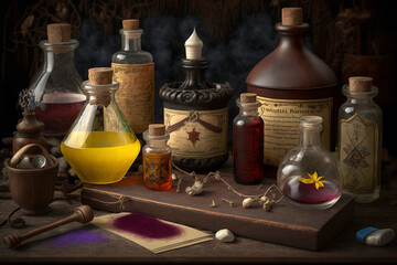 Obraz na płótnie Canvas still life with bottle of oil and spices