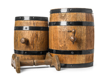 Oak barrels with metal hoops isolated on white background