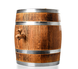 Obraz premium Oak barrel with metal hoops and tap isolated on white background