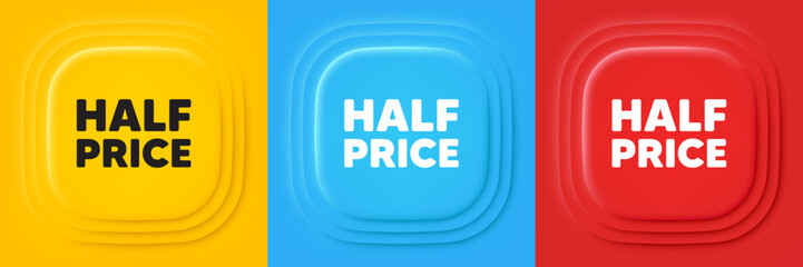 Half Price tag. Neumorphic offer banners. Special offer Sale sign. Advertising Discounts symbol. Half price podium background. Product infographics. Vector