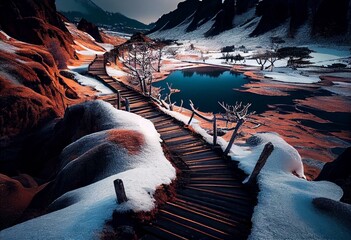 Wooden path of Jigokudani or hell valley in Noboribetsu, Hokkaido, Japan In winter. Generative AI