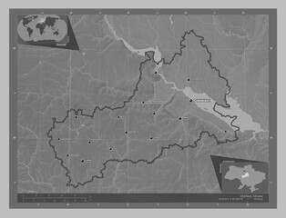 Cherkasy, Ukraine. Grayscale. Labelled points of cities