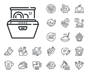 Wash dishes and plates sign. Crepe, sweet popcorn and salad outline icons. Dishwasher line icon. Dish cleaning machine symbol. Dishwasher line sign. Pasta spaghetti, fresh juice icon. Vector