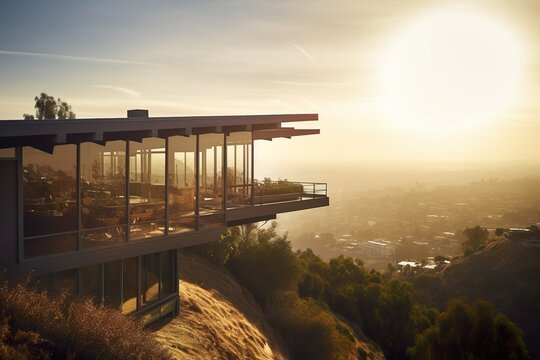Villa eines Million&auml;res in den H&uuml;geln von Los Angeles mit Plick auf die Stadt / Pazifik, generative AI
