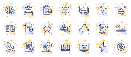 Outline set of Deflation, Feather signature and International recruitment line icons for web app. Include Cogwheel, Weather forecast, Engineering documentation pictogram icons. Attention. Vector