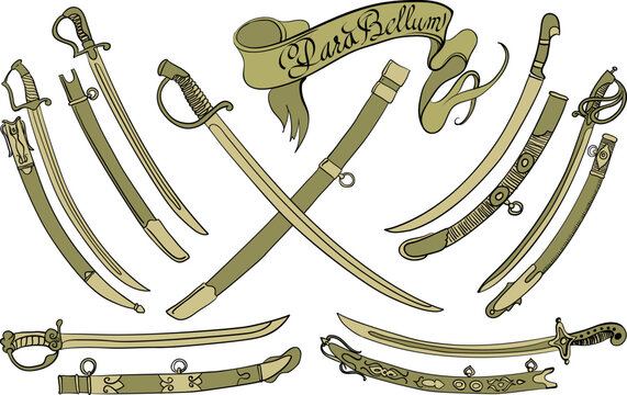 Set of different swords with a stripe in a gothic style. Seven swards of different types with cases for them drawn in a biege colors 