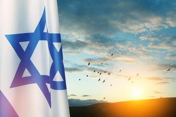 Israel flag with a star of David over cloudy sky background with flying birds on sunset. Patriotic...