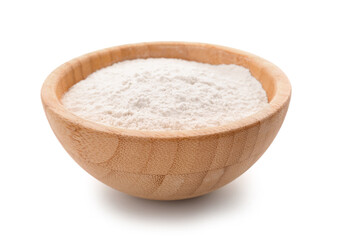 Wooden bowl with wheat flour isolated on white background